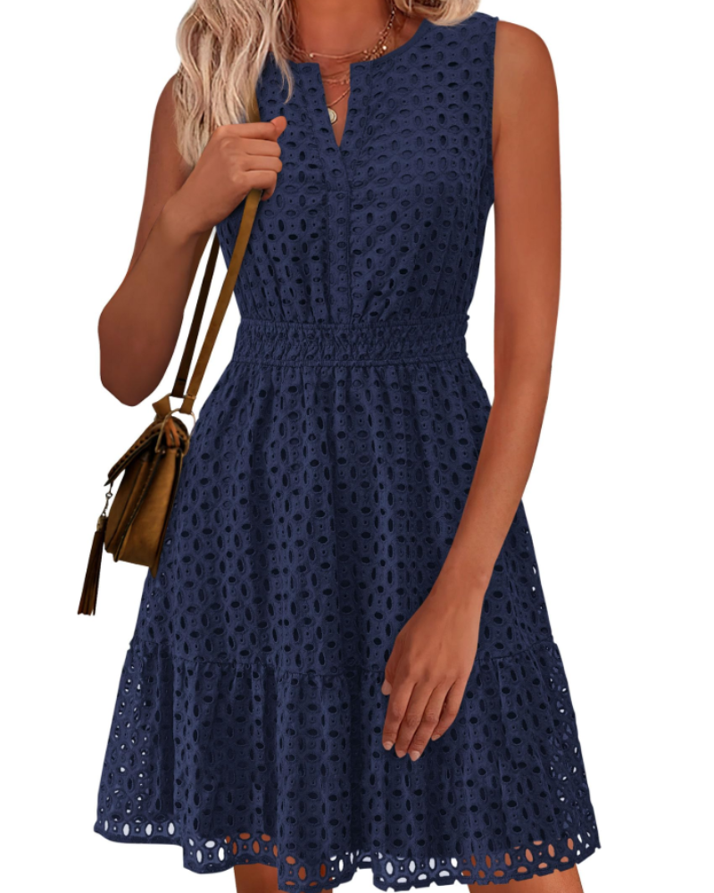 Clarisse Dress for Women – Summer A-Line Dress, Sleeveless V-Neck, Eyelet Embroidery, Elastic Waist