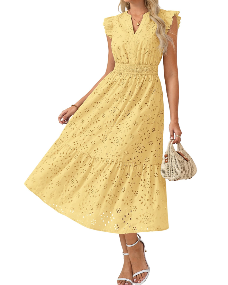 Fella Midi Dress for Women – V-Neck Henley Dress, Flutter Sleeves & Smocked Waist