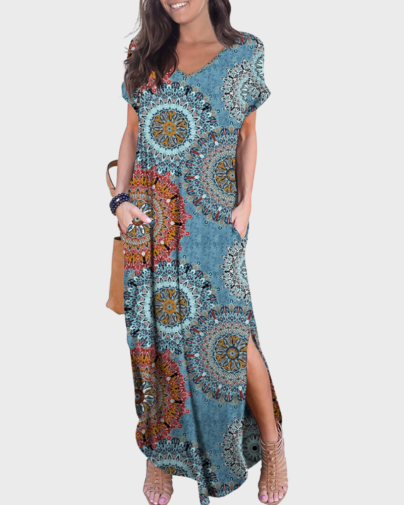 Rosenda Maxi Dress for Women – V-Neck Short Sleeves, Flowy Cut & Slit with Pockets, Summer