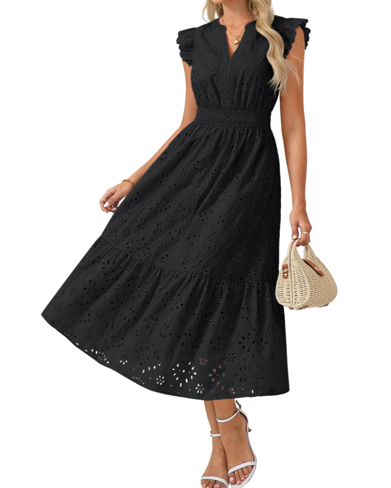 Fella Midi Dress for Women – V-Neck Henley Dress, Flutter Sleeves & Smocked Waist