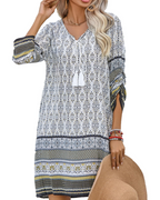 Cella Boho Dress for Women – Floral Tunic Dress, V-Neck, 3/4 Sleeves & Flowy Fit