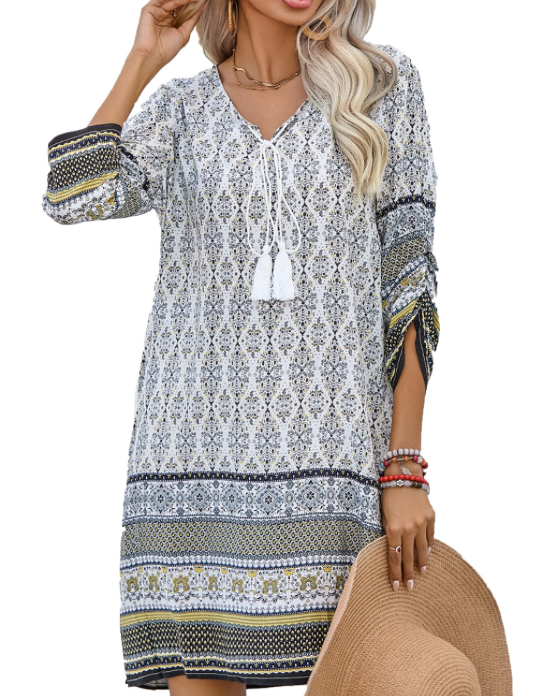 Cella Boho Dress for Women – Floral Tunic Dress, V-Neck, 3/4 Sleeves & Flowy Fit