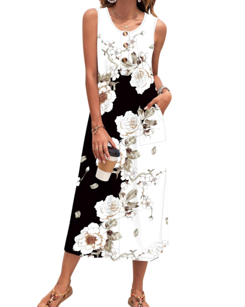 Julia Dress for Women – A-Line Maxi Dress, Sleeveless with Buttons and Pockets, Casual Summer