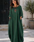 Sandy Long Dress for Women – Cotton-Linen Maxi Dress, Loose Cut, Round Neck & 3/4 Sleeves, Elegant