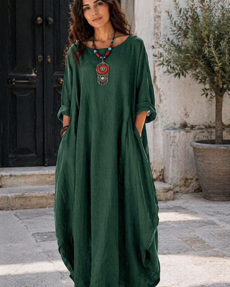 Sandy Long Dress for Women – Cotton-Linen Maxi Dress, Loose Cut, Round Neck & 3/4 Sleeves, Elegant