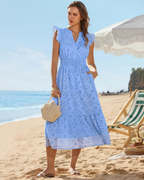 Fella Midi Dress for Women – V-Neck Henley Dress, Flutter Sleeves & Smocked Waist