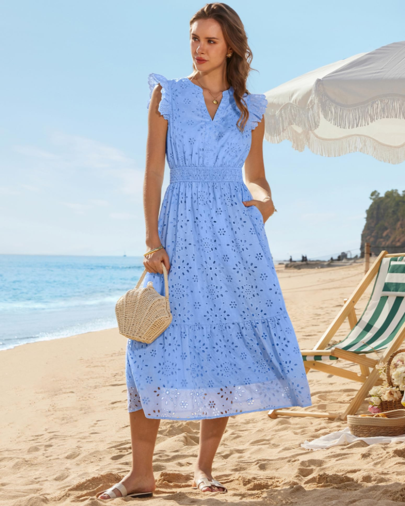Fella Midi Dress for Women – V-Neck Henley Dress, Flutter Sleeves & Smocked Waist