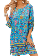 Cella Boho Dress for Women – Floral Tunic Dress, V-Neck, 3/4 Sleeves & Flowy Fit