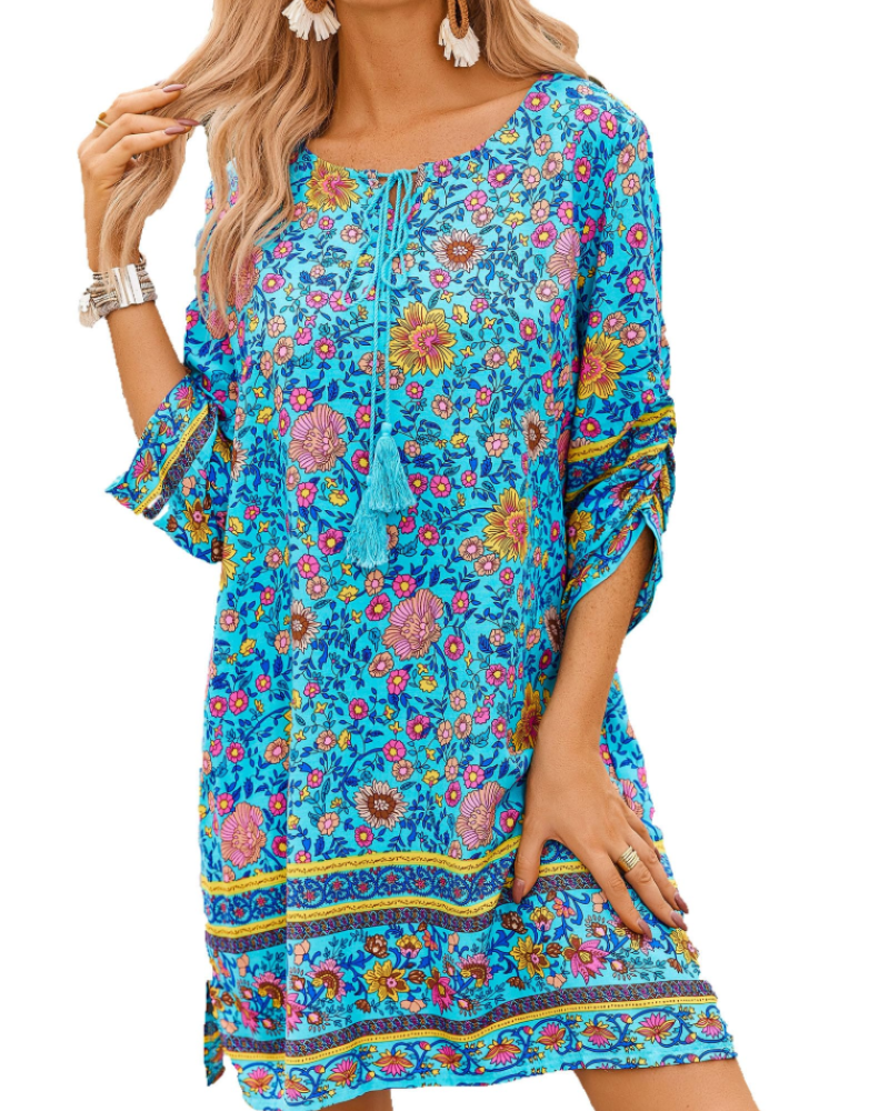 Cella Boho Dress for Women – Floral Tunic Dress, V-Neck, 3/4 Sleeves & Flowy Fit