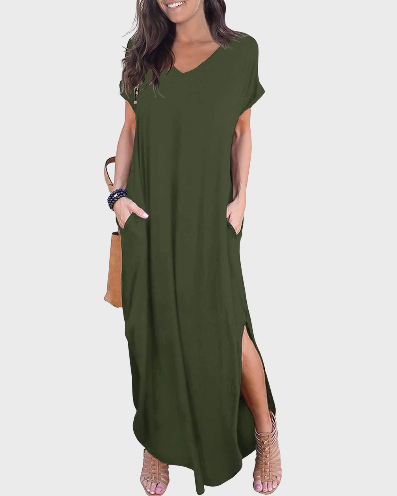 Rosenda Maxi Dress for Women – V-Neck Short Sleeves, Flowy Cut & Slit with Pockets, Summer