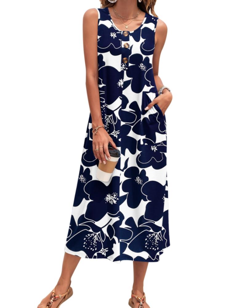 Julia Dress for Women – A-Line Maxi Dress, Sleeveless with Buttons and Pockets, Casual Summer
