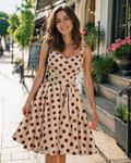 Rosie Dress for Women – Vintage Polka Dot Midi Dress, Sleeveless V-Neck, High Waist, Rockabilly Chic
