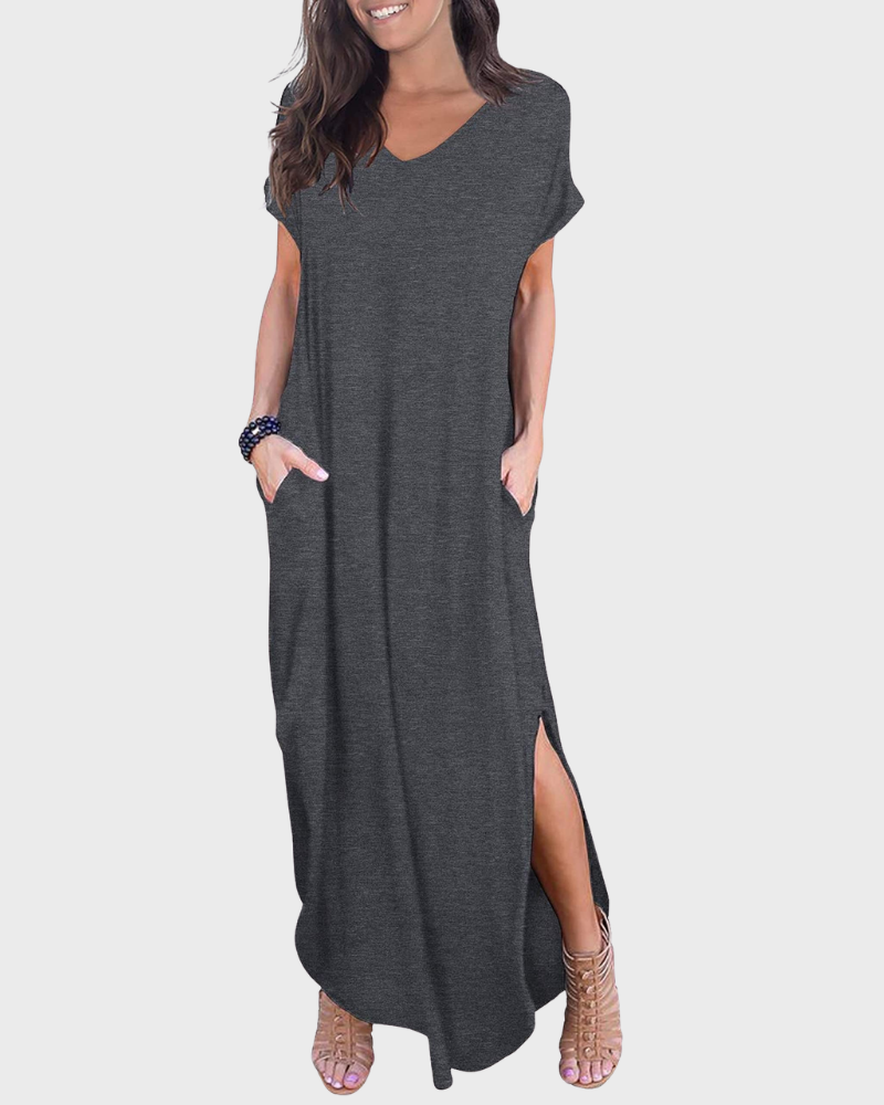 Rosenda Maxi Dress for Women – V-Neck Short Sleeves, Flowy Cut & Slit with Pockets, Summer