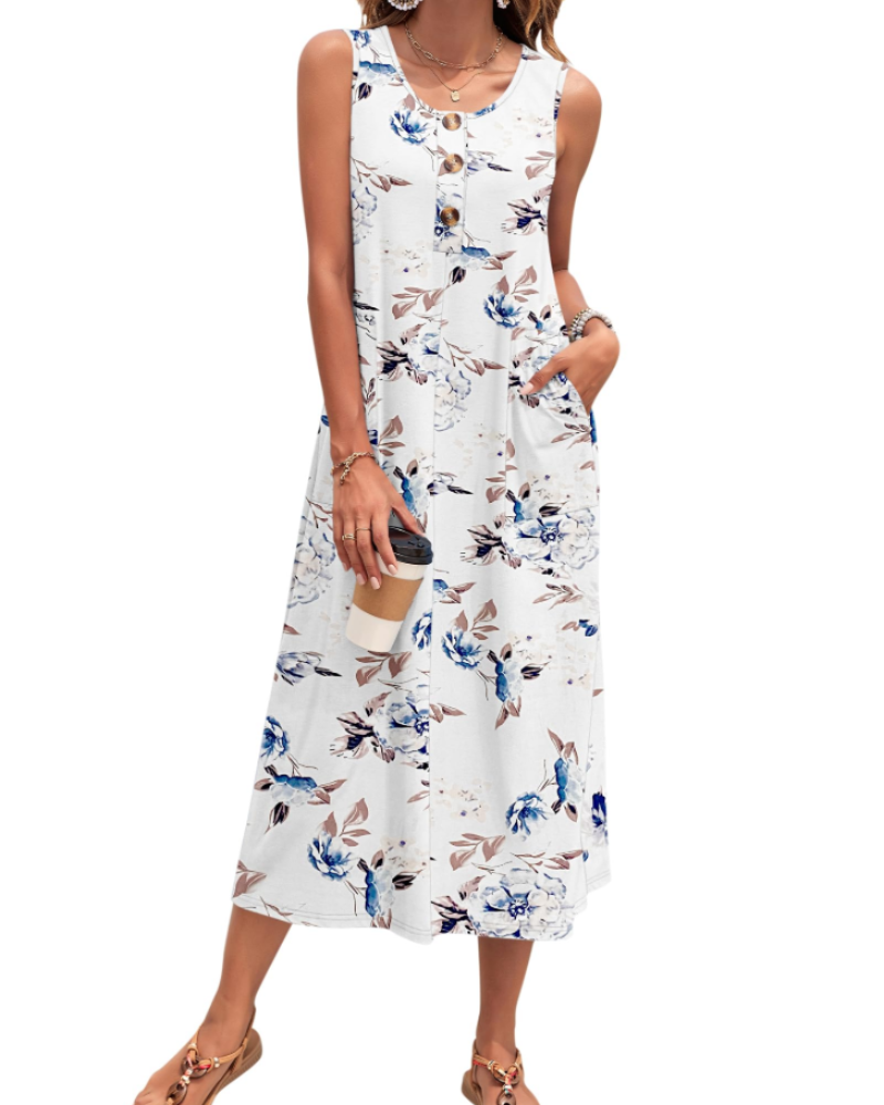 Julia Dress for Women – A-Line Maxi Dress, Sleeveless with Buttons and Pockets, Casual Summer