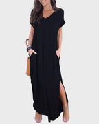 Rosenda Maxi Dress for Women – V-Neck Short Sleeves, Flowy Cut & Slit with Pockets, Summer