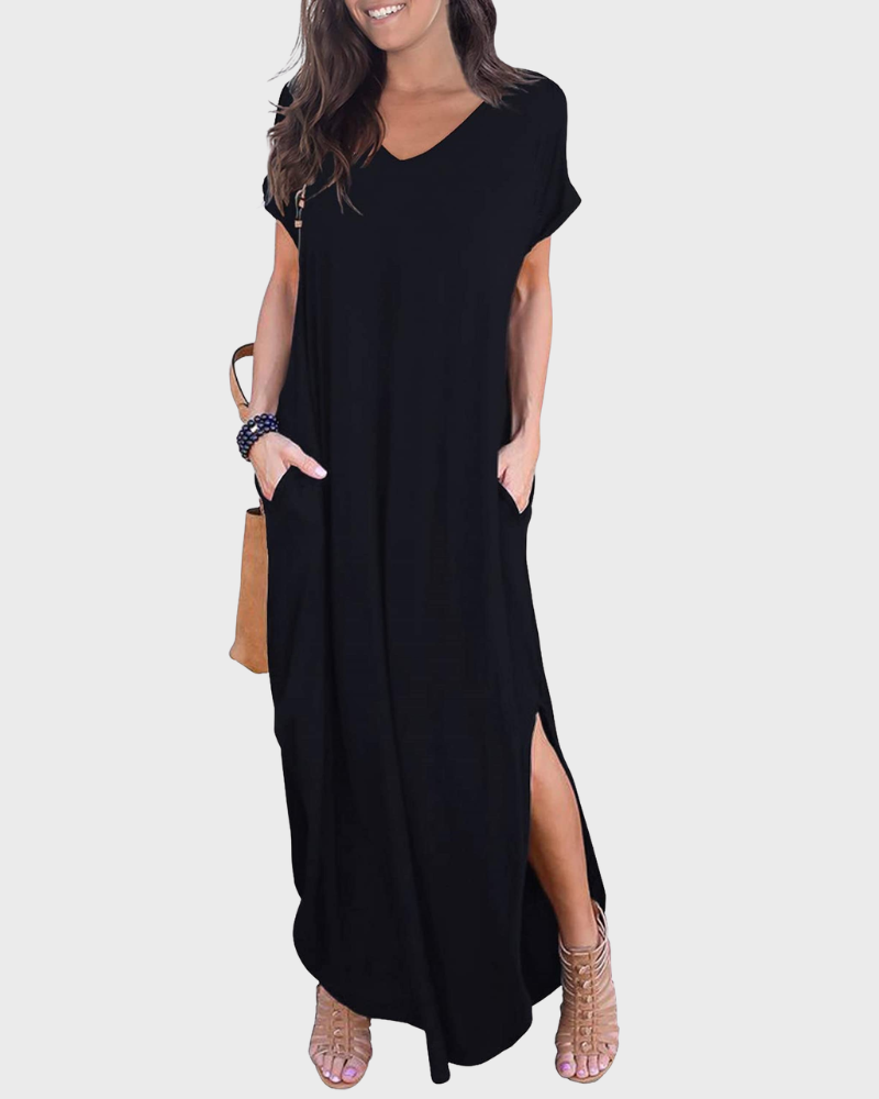 Rosenda Maxi Dress for Women – V-Neck Short Sleeves, Flowy Cut & Slit with Pockets, Summer