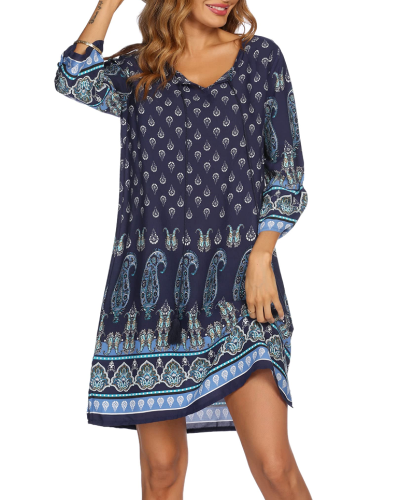 Cella Boho Dress for Women – Floral Tunic Dress, V-Neck, 3/4 Sleeves & Flowy Fit