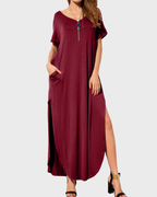 Rosenda Maxi Dress for Women – V-Neck Short Sleeves, Flowy Cut & Slit with Pockets, Summer
