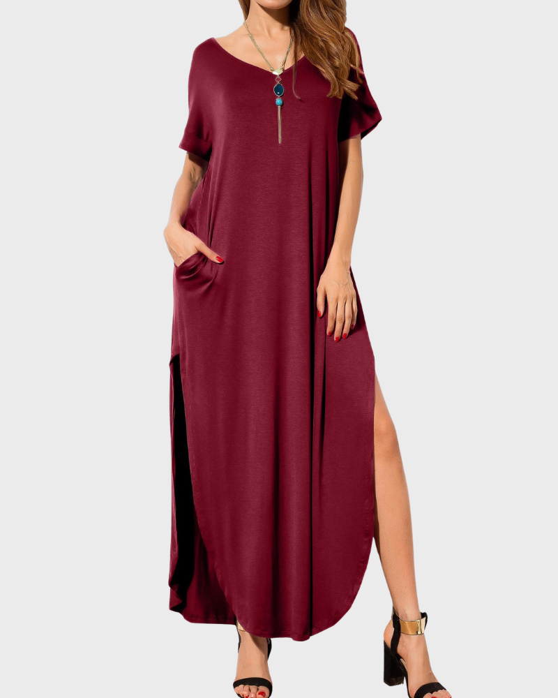 Rosenda Maxi Dress for Women – V-Neck Short Sleeves, Flowy Cut & Slit with Pockets, Summer