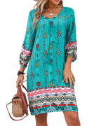 Cella Boho Dress for Women – Floral Tunic Dress, V-Neck, 3/4 Sleeves & Flowy Fit