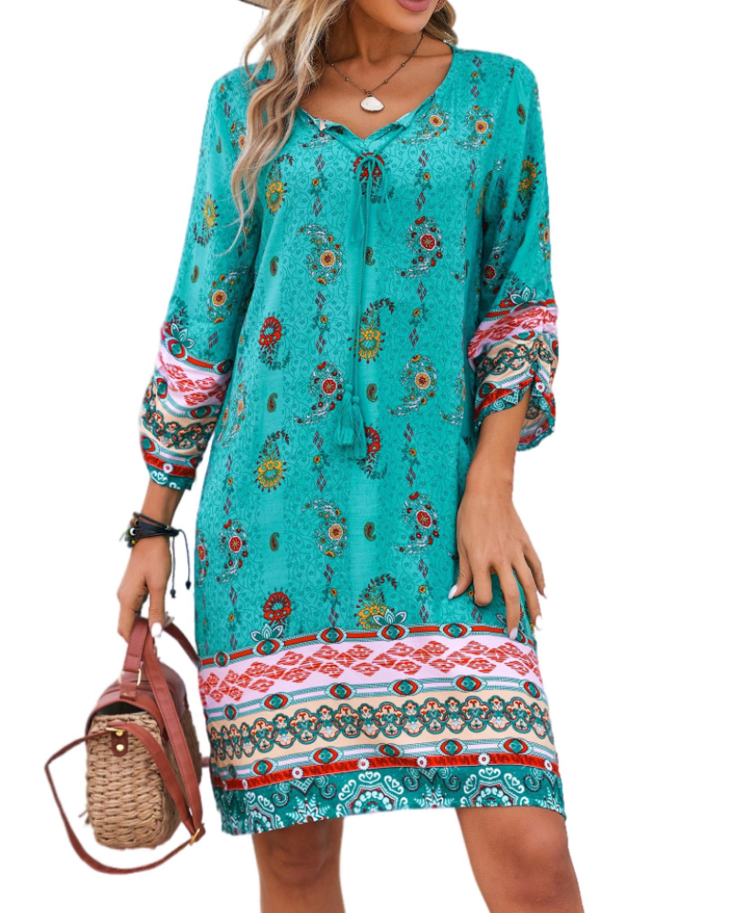 Cella Boho Dress for Women – Floral Tunic Dress, V-Neck, 3/4 Sleeves & Flowy Fit