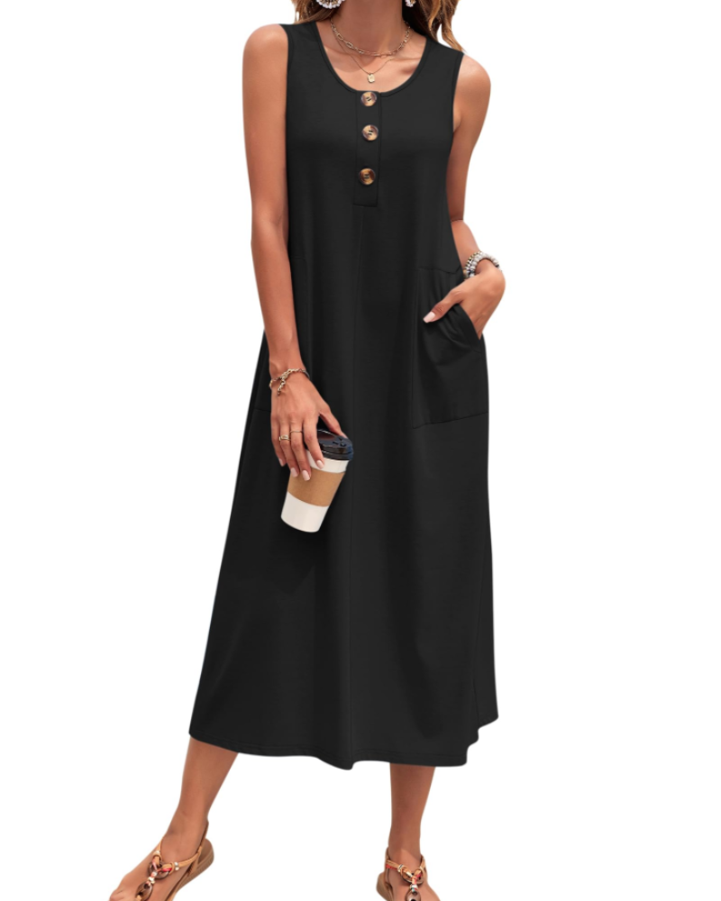Julia Dress for Women – A-Line Maxi Dress, Sleeveless with Buttons and Pockets, Casual Summer