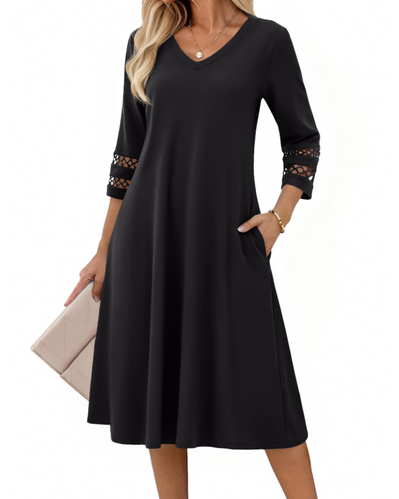 Rummi Dress for Women – V-Neck, 3/4 Lace Sleeves & A-Line Midi Cut with Pockets
