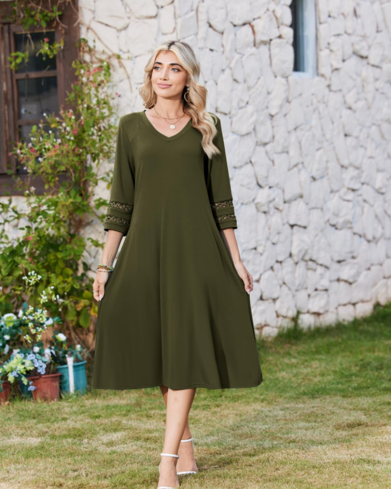 Rummi Dress for Women – V-Neck, 3/4 Lace Sleeves & A-Line Midi Cut with Pockets