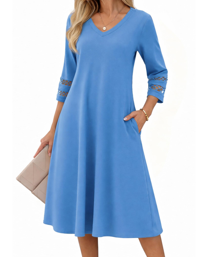 Rummi Dress for Women – V-Neck, 3/4 Lace Sleeves & A-Line Midi Cut with Pockets