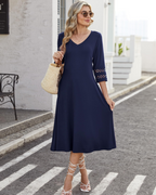 Rummi Dress for Women – V-Neck, 3/4 Lace Sleeves & A-Line Midi Cut with Pockets