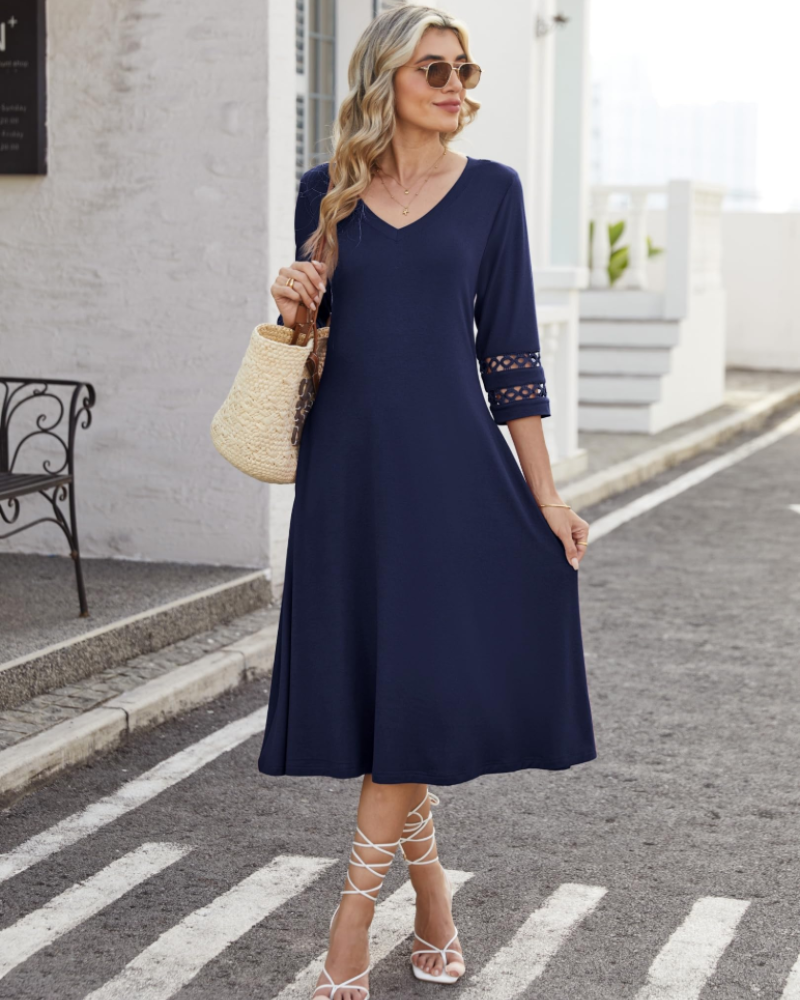 Rummi Dress for Women – V-Neck, 3/4 Lace Sleeves & A-Line Midi Cut with Pockets