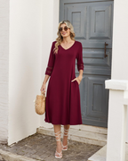 Rummi Dress for Women – V-Neck, 3/4 Lace Sleeves & A-Line Midi Cut with Pockets
