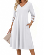 Rummi Dress for Women – V-Neck, 3/4 Lace Sleeves & A-Line Midi Cut with Pockets