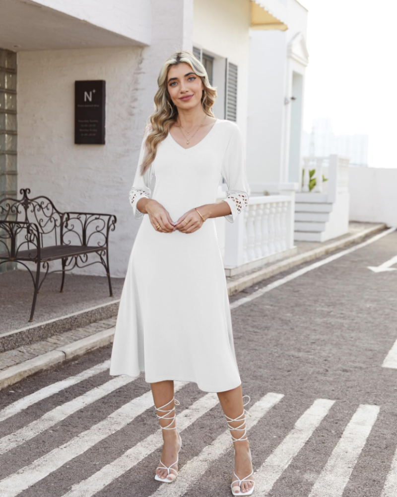Rummi Dress for Women – V-Neck, 3/4 Lace Sleeves & A-Line Midi Cut with Pockets