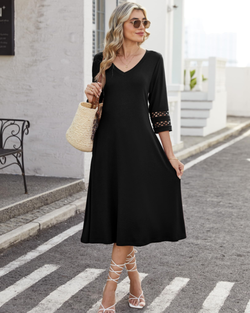 Rummi Dress for Women – V-Neck, 3/4 Lace Sleeves & A-Line Midi Cut with Pockets