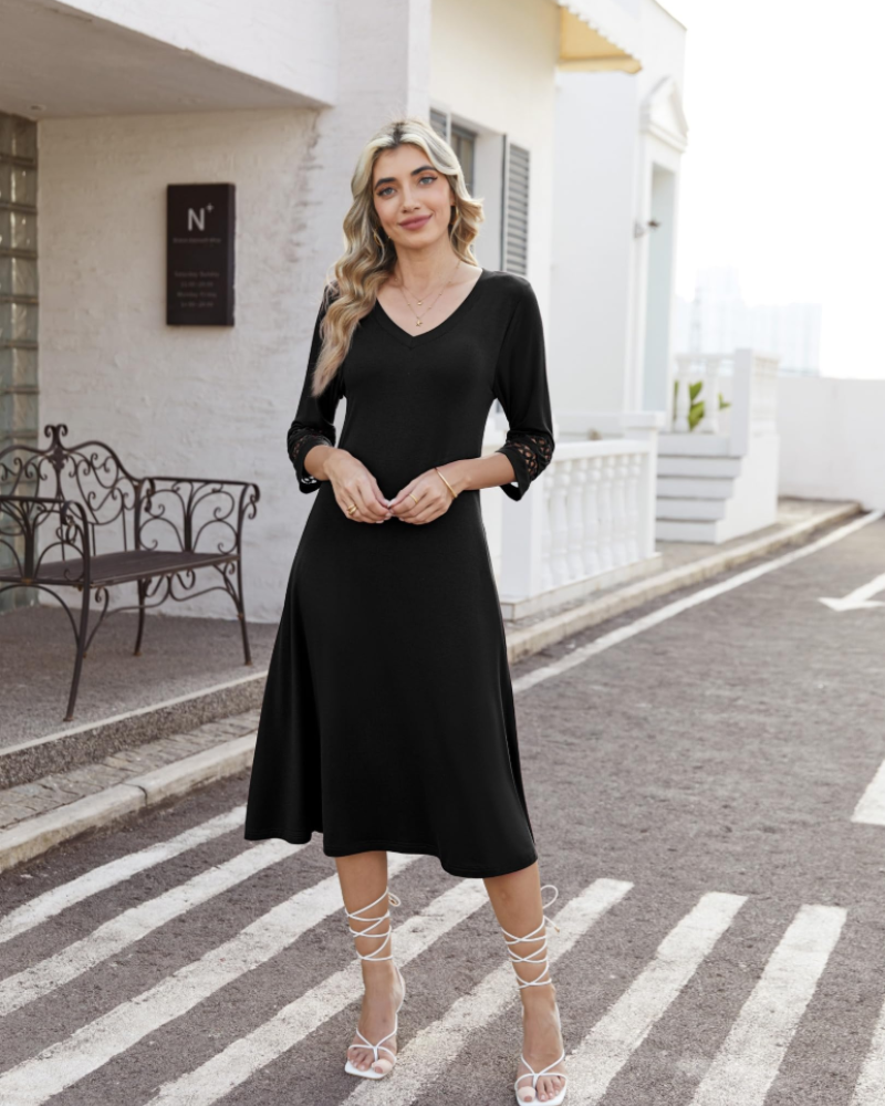 Rummi Dress for Women – V-Neck, 3/4 Lace Sleeves & A-Line Midi Cut with Pockets