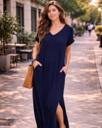 Rosenda Maxi Dress for Women – V-Neck Short Sleeves, Flowy Cut & Slit with Pockets, Summer