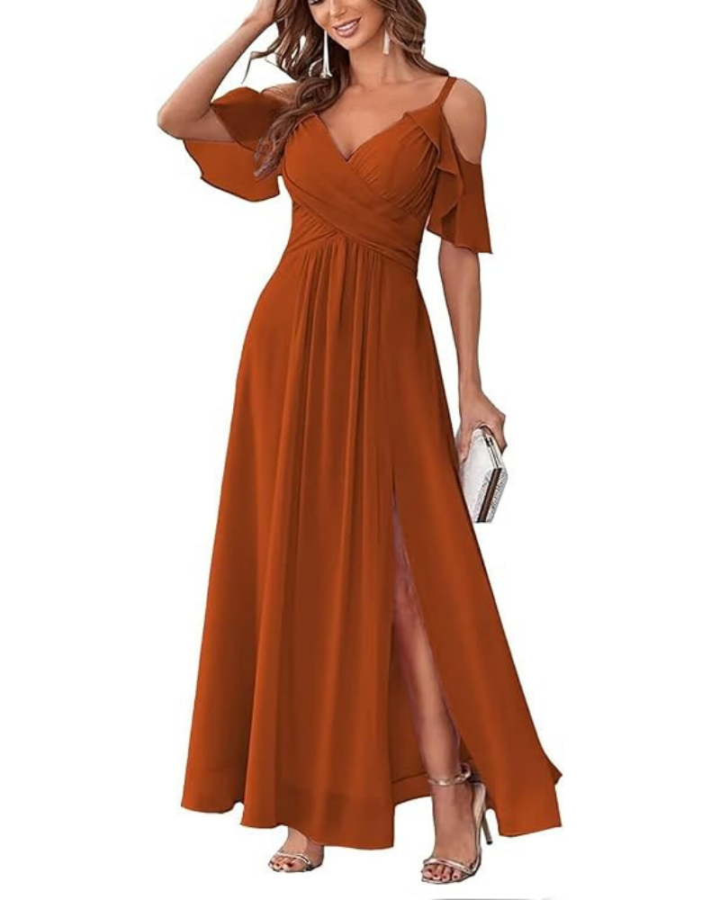 Georgia Long Dress for Women – Off-Shoulder Chiffon, V-Neck & Elegant A-Line Cut