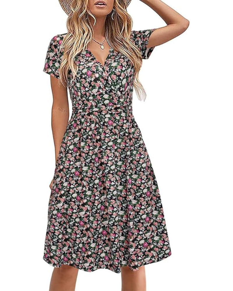 Genesis Dress for Women – Floral Print, Crossover V-Neck & Pockets, Elegant A-Line Cut