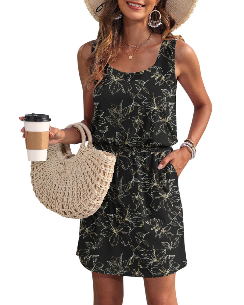 Fiorielle Dress for Women – Sleeveless Round Neck, Adjustable Waist & Pockets, Flowy Summer Cut