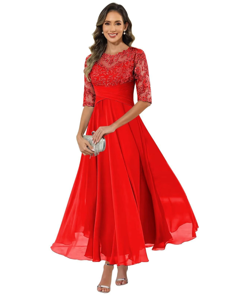 Olanthe Evening Dress for Women – Lace & Chiffon, 3/4 Sleeves & Elegant A-Line Cut