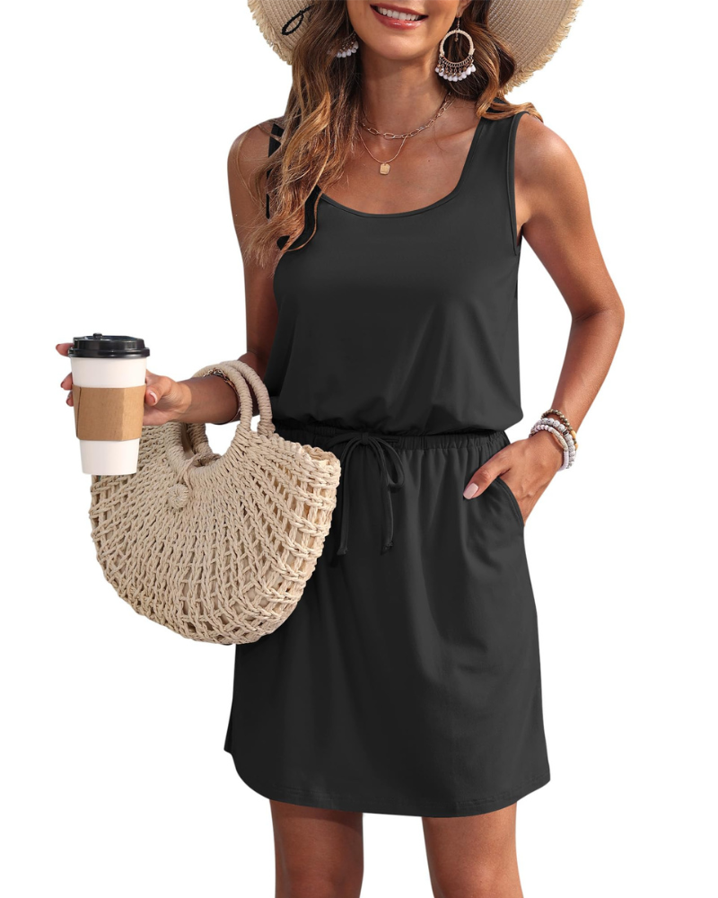 Fiorielle Dress for Women – Sleeveless Round Neck, Adjustable Waist & Pockets, Flowy Summer Cut