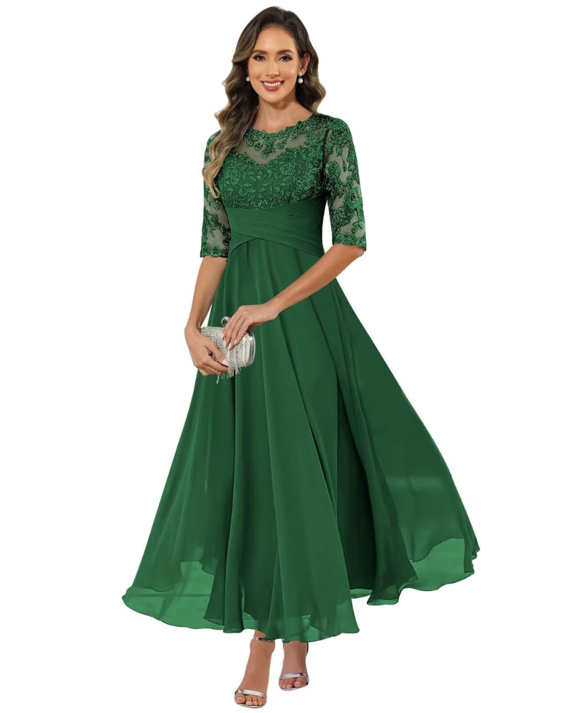 Olanthe Evening Dress for Women – Lace & Chiffon, 3/4 Sleeves & Elegant A-Line Cut