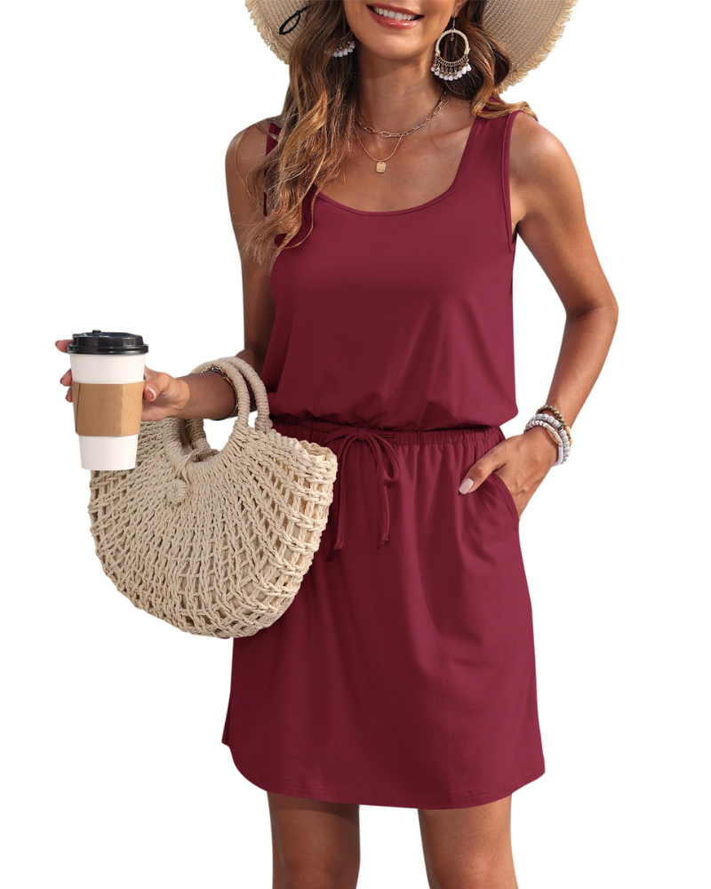 Fiorielle Dress for Women – Sleeveless Round Neck, Adjustable Waist & Pockets, Flowy Summer Cut