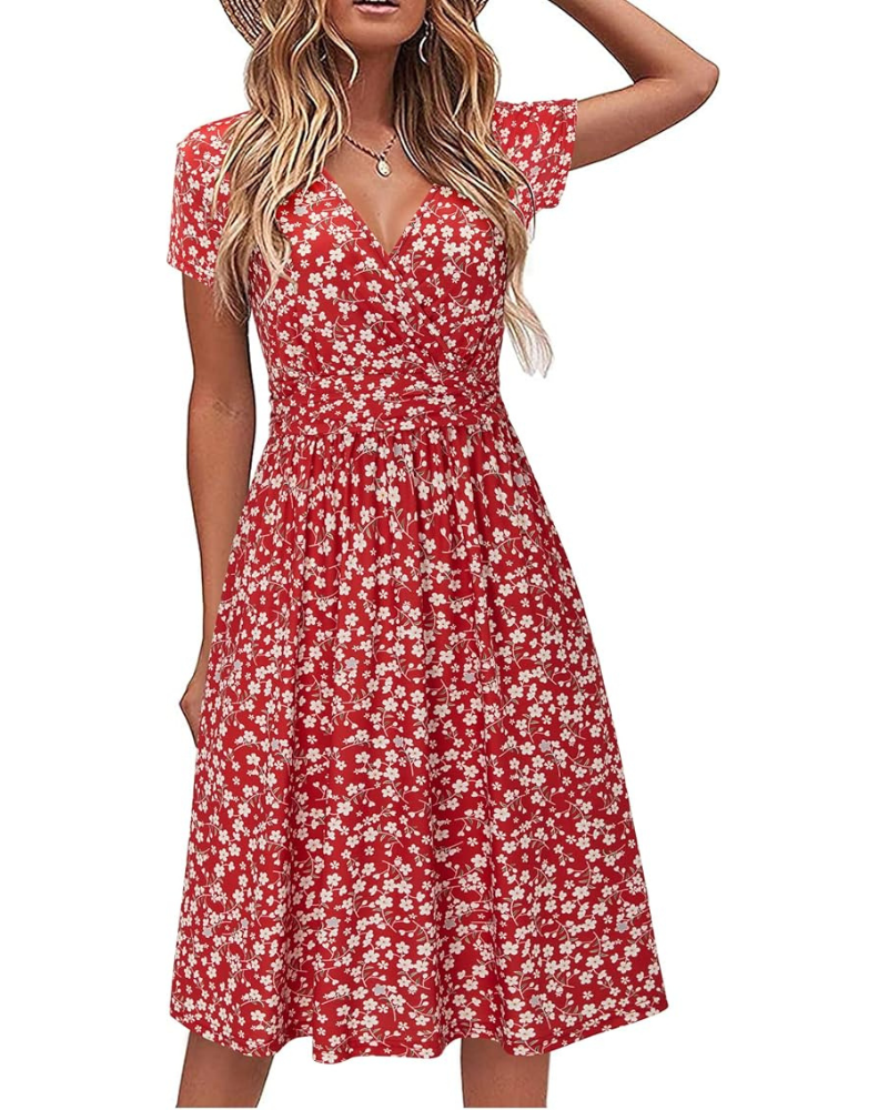 Genesis Dress for Women – Floral Print, Crossover V-Neck & Pockets, Elegant A-Line Cut