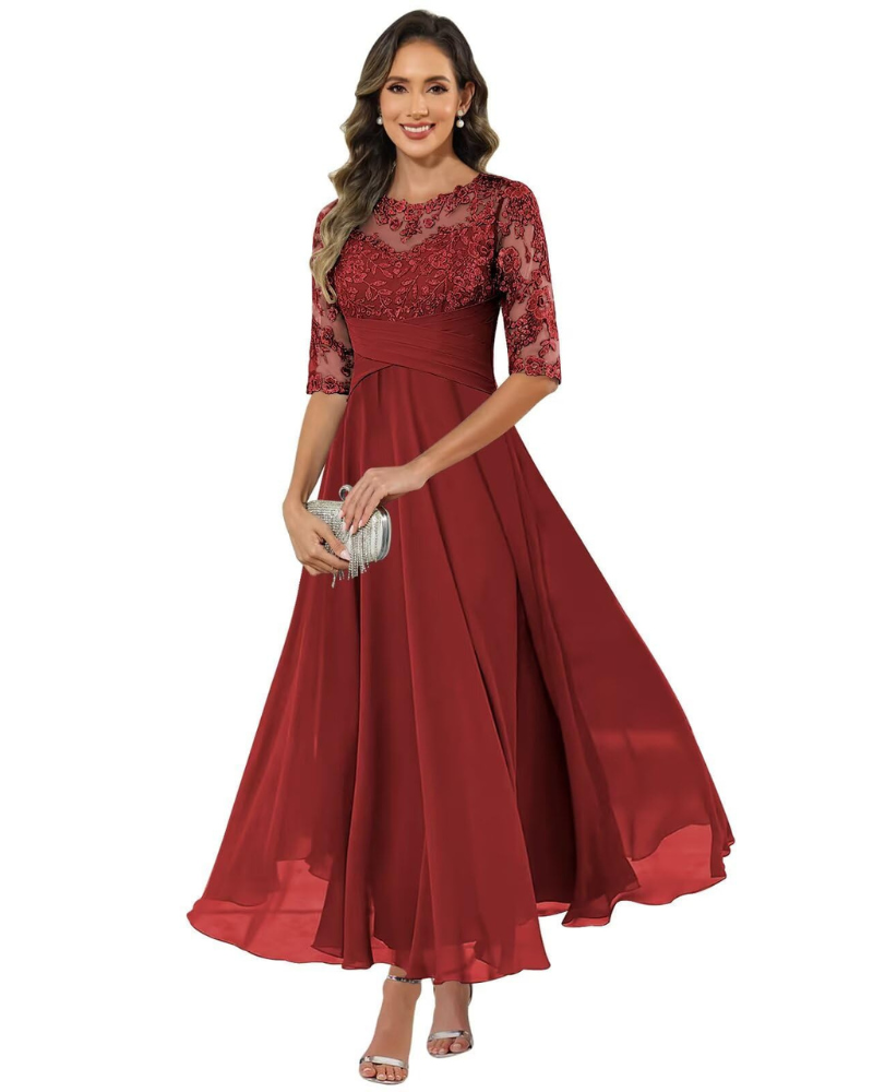 Olanthe Evening Dress for Women – Lace & Chiffon, 3/4 Sleeves & Elegant A-Line Cut