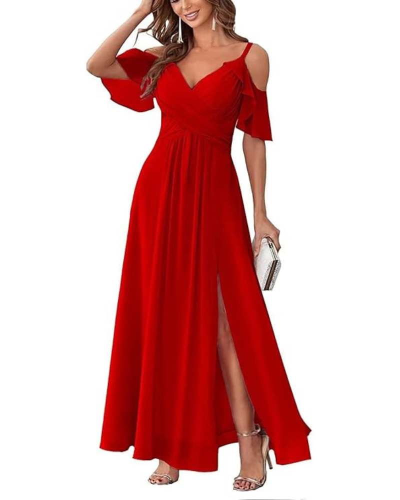 Georgia Long Dress for Women – Off-Shoulder Chiffon, V-Neck & Elegant A-Line Cut