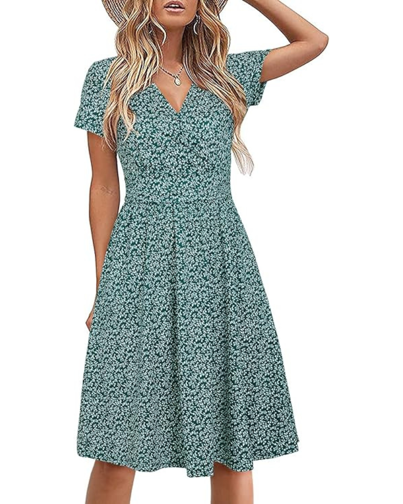 Genesis Dress for Women – Floral Print, Crossover V-Neck & Pockets, Elegant A-Line Cut