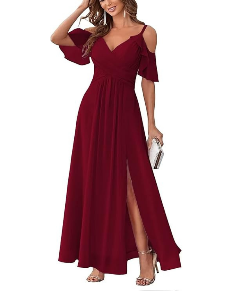 Georgia Long Dress for Women – Off-Shoulder Chiffon, V-Neck & Elegant A-Line Cut