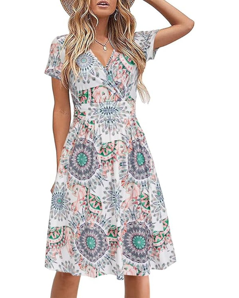 Genesis Dress for Women – Floral Print, Crossover V-Neck & Pockets, Elegant A-Line Cut